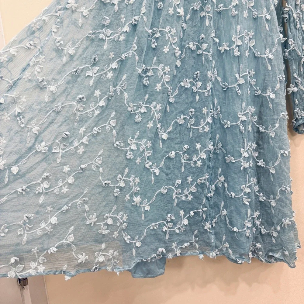 Sundance Blue Embroidered Mesh Lace Empire Waist Dress Sz 16 Boho Cottagecore - Picture 9 of 12